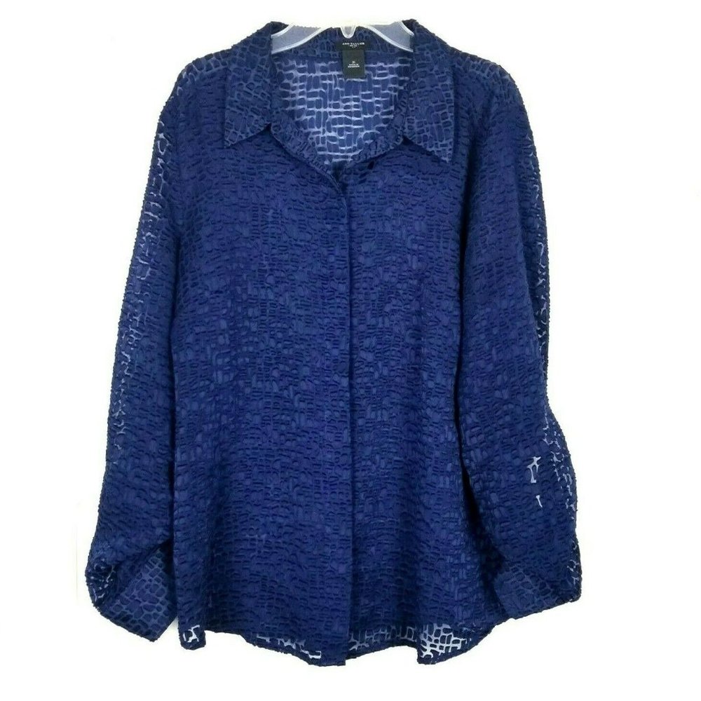 Ann Taylor Sheer Button Shirt  Women Size 10 Blue Long Sleeve